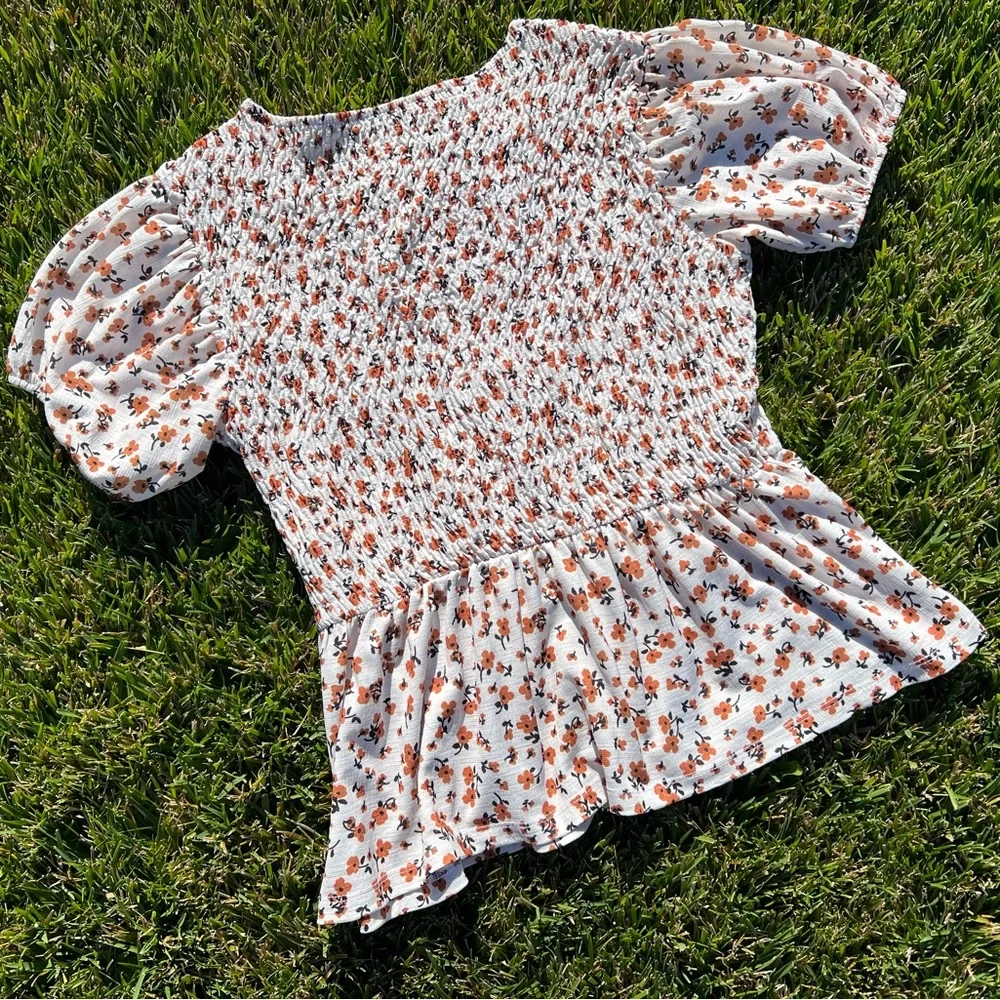 Zara White and Orange Floral Peplum Blouse Size M Summer Spring Bohemian Ruffle